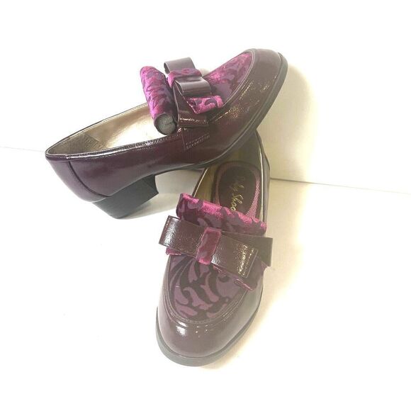Ruby Shoo Burgundy Glossy Slip On Low Heel Velvet Bow Women's US 5 UK3 EU 36 NEW - Picture 2 of 11